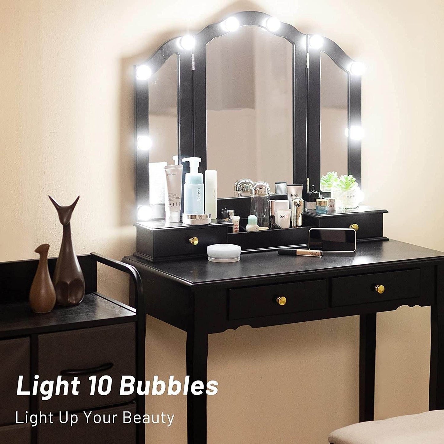 Tri-Fold Makeup Vanity with Lights, Mirror, Stool, 4 Drawers (Black) - Loft&Timber