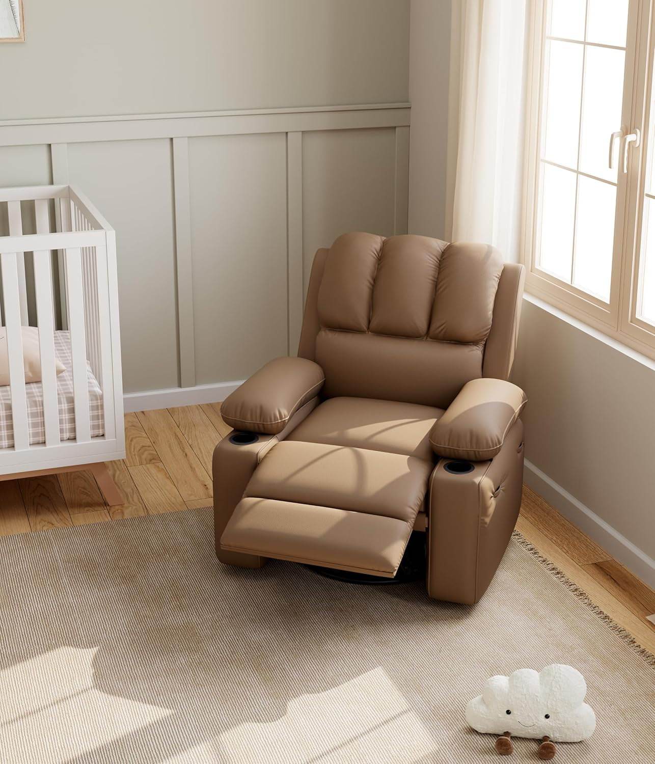 Leather Recliner Chair, Manual Recliner W/Comfortable Arms and Cup Holders for Living Room CF8011 - Khaki, Medium - Loft&Timber