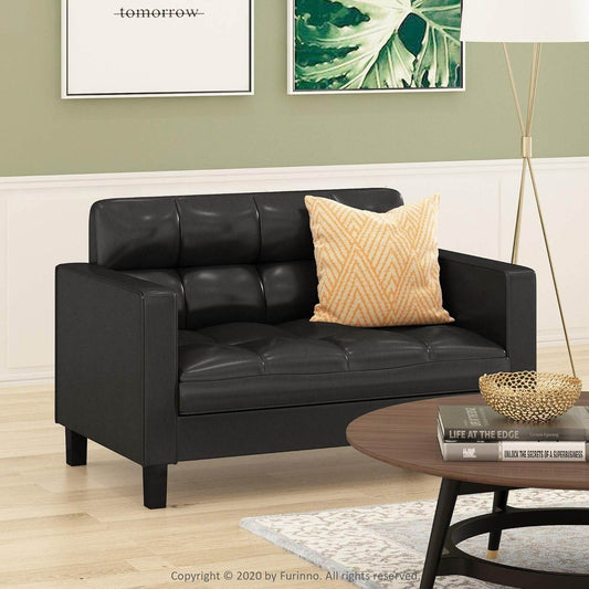 ufted Loveseat - Black Faux Leather - Loft&Timber