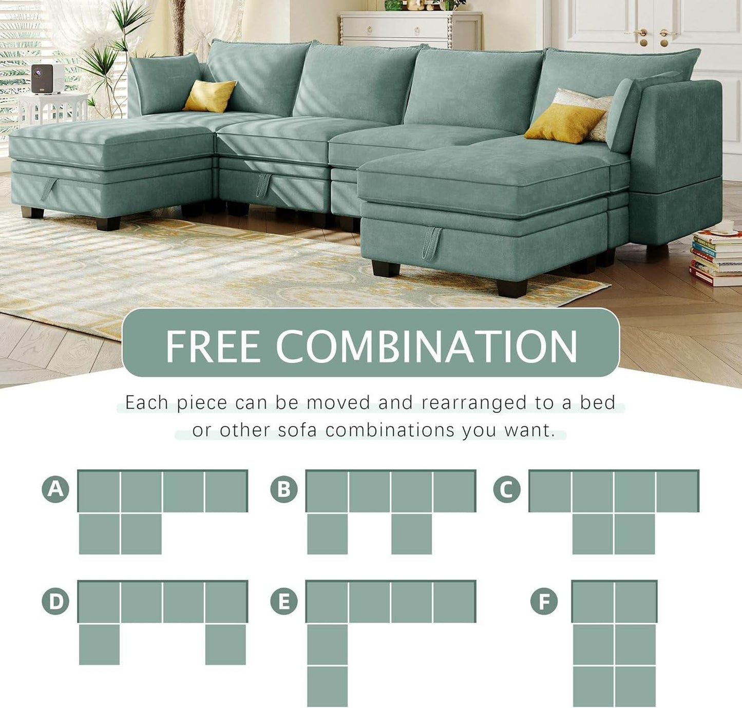 Large U-Shaped Combination Corner Sofa with Storage Seat in Light Green - Loft&Timber