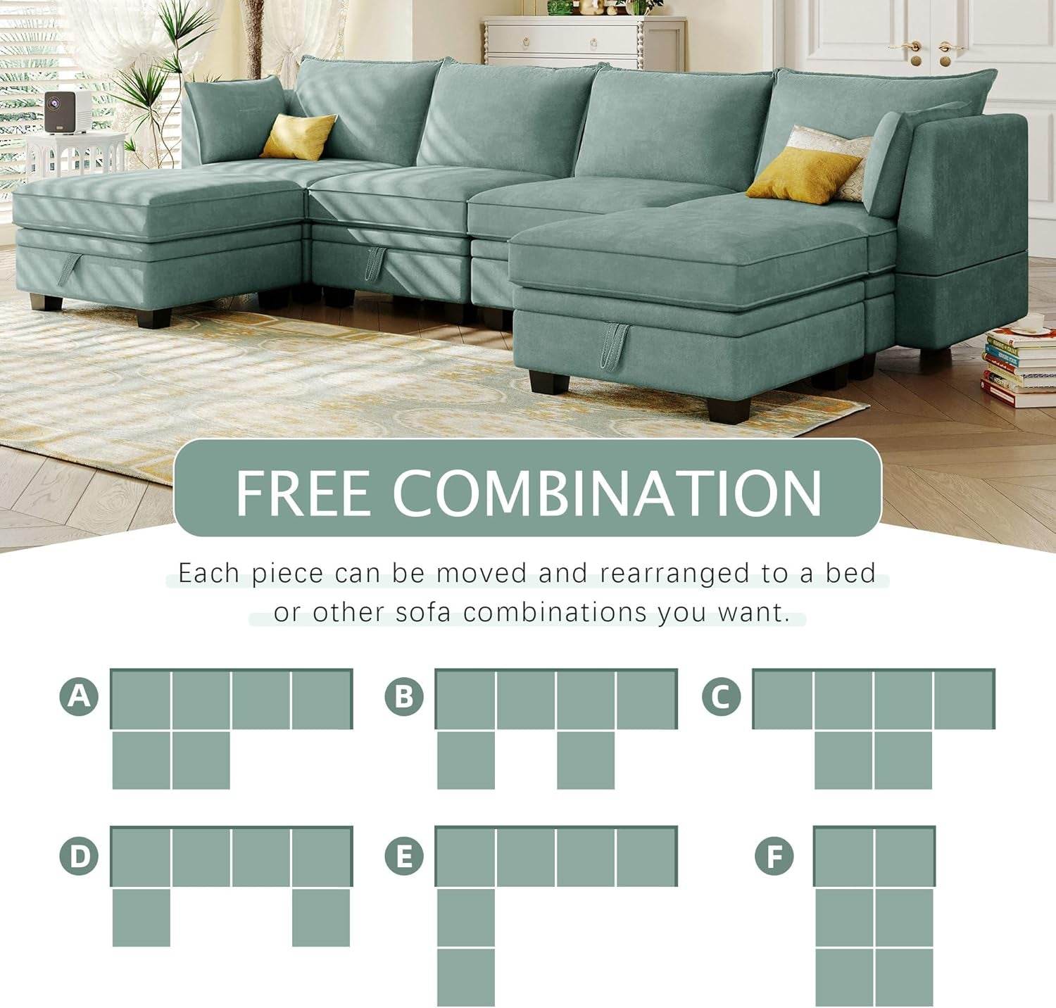 Large U-Shaped Combination Corner Sofa with Storage Seat in Light Green - Loft&Timber