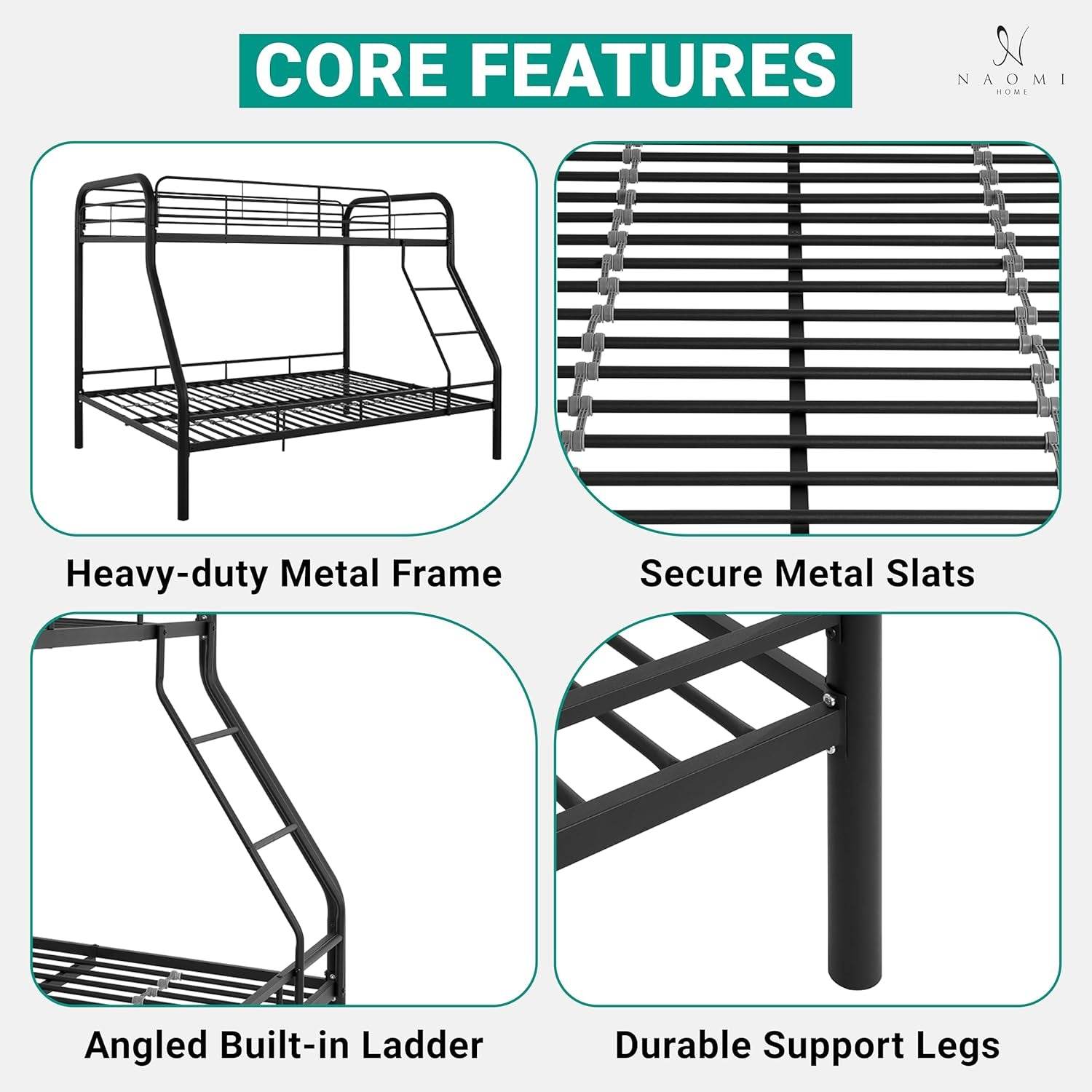 Hollywood Bunk Beds Twin over Full Size, Heavy Duty Metal Bunk Bed with Safety Guardrails, Angled Ladder, Underbed Storage, 800Lbs Capacity - for Kids and Teens, Twin over Full Bunk Bed, Black - Loft&Timber