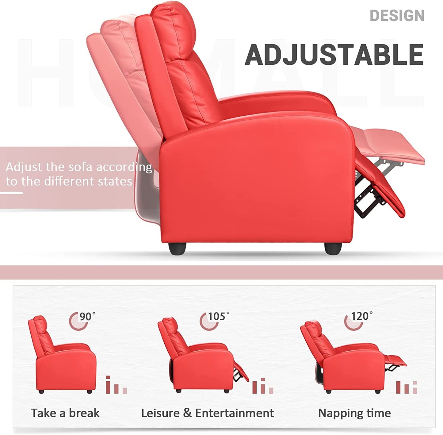 Recliner Chair, Padded Seat, Red, PU Leather-3