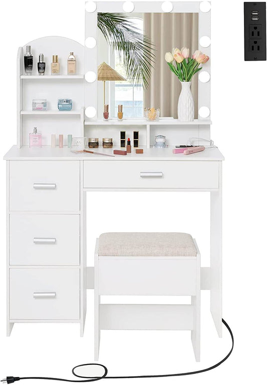 White Vanity Desk with Lighted Mirror and Charging Station - Loft&Timber