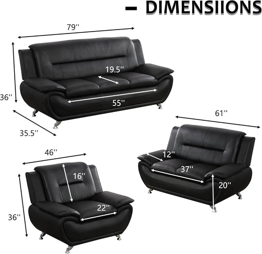 3 Piece Living Room Couch Set, Faux Leather Sofa Set, Modern Sofa Couch Set Living Room Furniture (Sofa+Loveseat+Chair, Black) - Loft&Timber