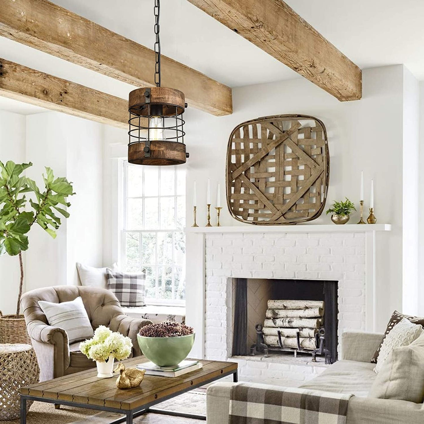 Retro Industrial Metal and Wood Chandelier 1-Light round Cage Pendant Light Fixture for Kitchen Island Foyer Hallway Bar Dining Room Restaurant, D 7.9" X H 8.7" (Brown) - Loft&Timber