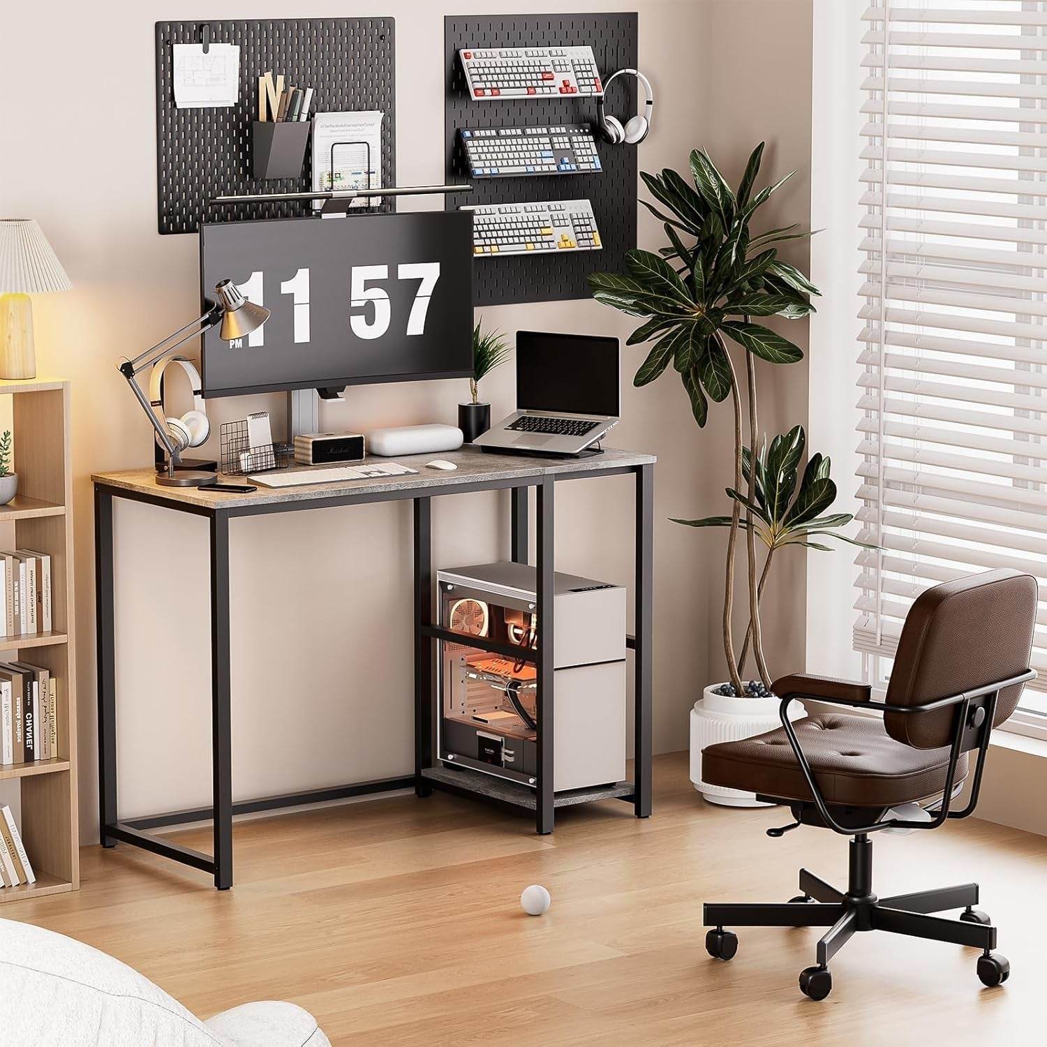 Computer Desk 40 Inches with 2-Tier Shelves in Gray - Loft&Timber
