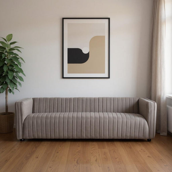 98" Light Brown Fabric Solid Wood Sofa-0