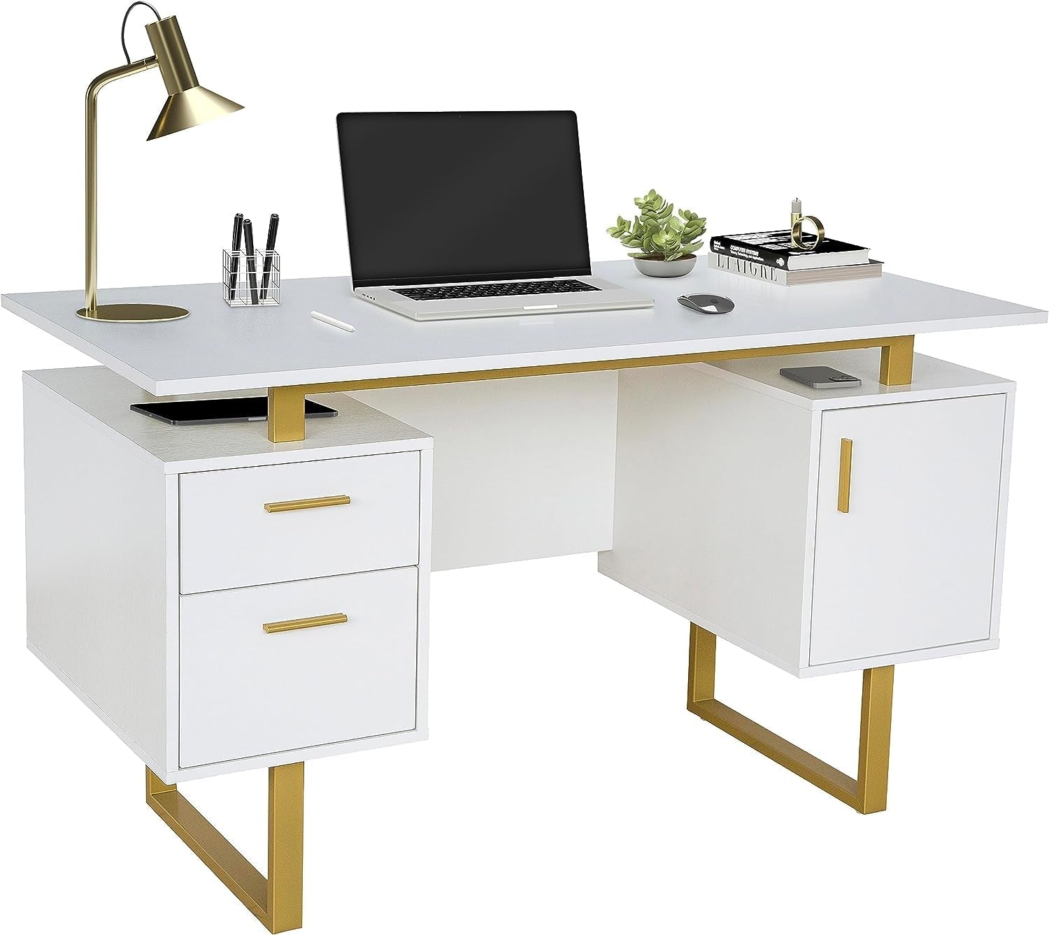 51" White Gold Desk with Storage Cabinet - Loft&Timber