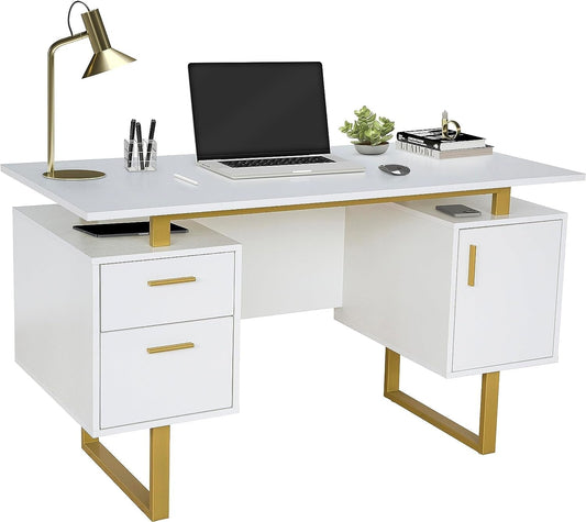 51" White Gold Desk with Storage Cabinet - Loft&Timber