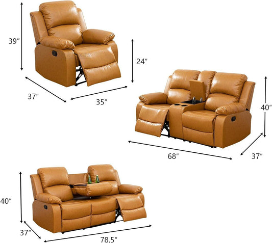 Manual Reclining Sofa 3 Seater Recliner Sofa Couch Living Room Furniture Modern Leather Reclining Sofa with Cup Holders & Flip-Down Table for Living Room/Office/Rv Car (Ginger, 3 Seater Sofa) - Loft&Timber