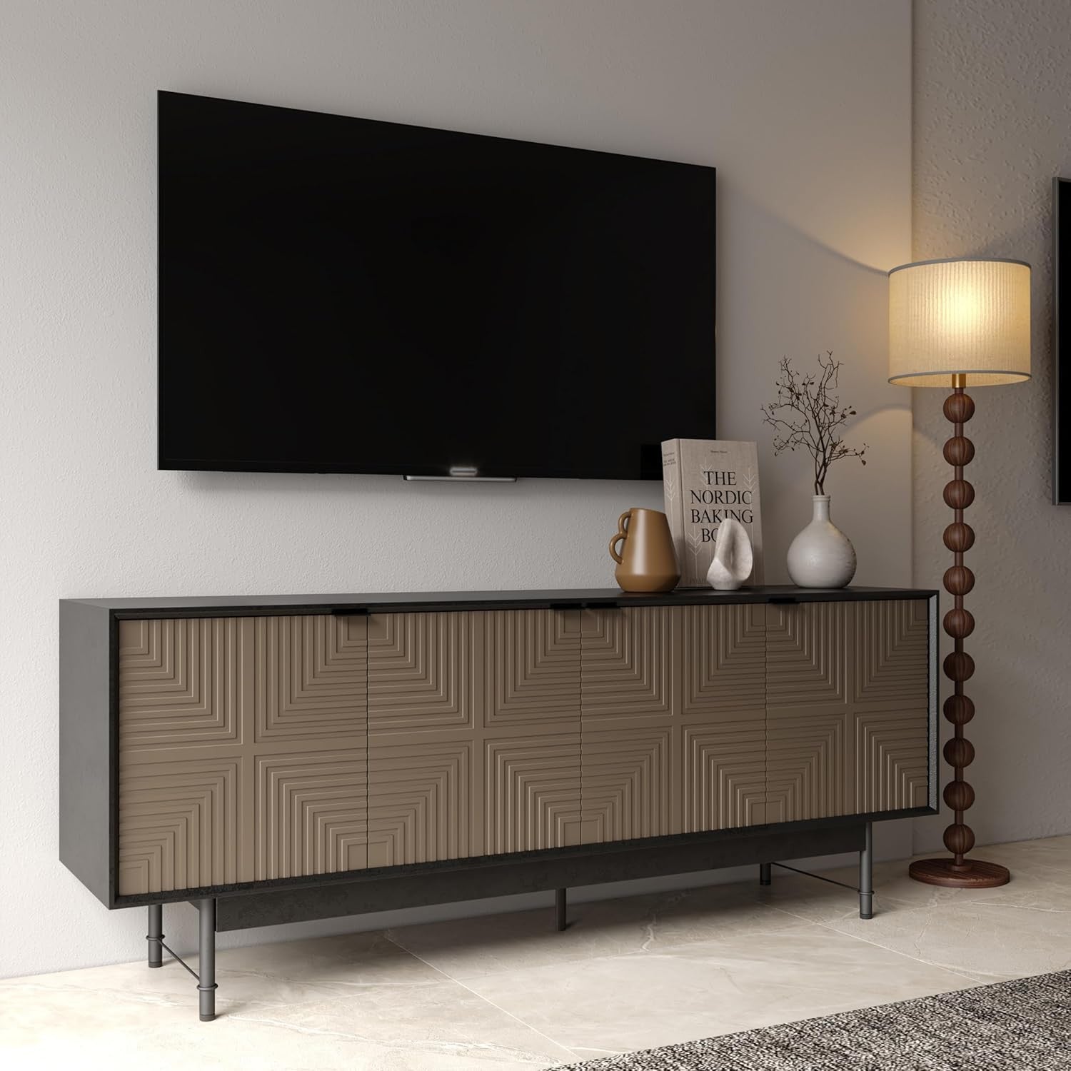 65" Beige And Black Wood Carved Geo Texture Enclosed Storage TV Stand-0