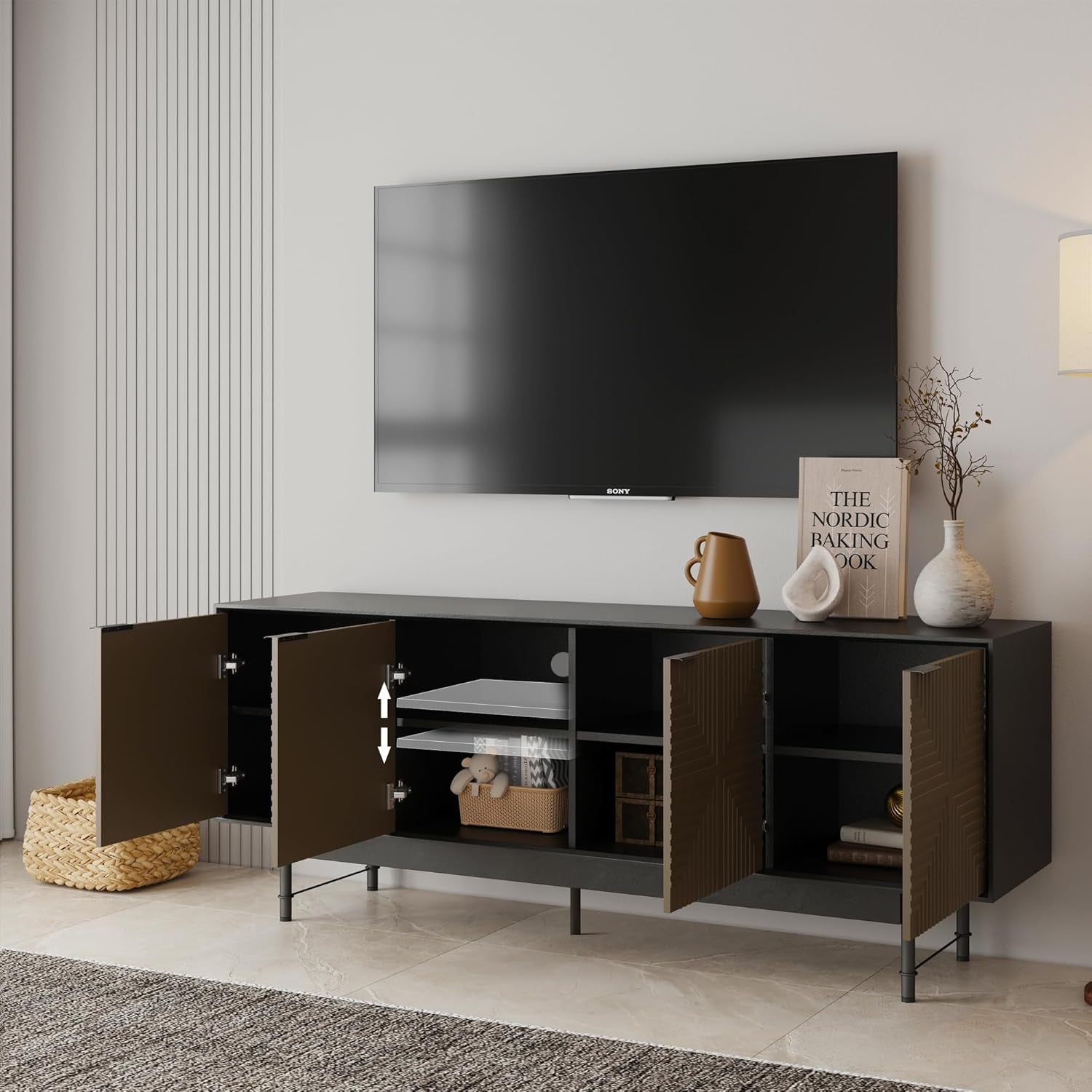 65" Beige And Black Wood Carved Geo Texture Enclosed Storage TV Stand-1