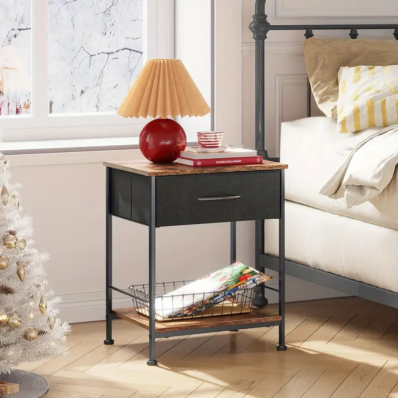 Rustic Black Metal Nightstand with Fabric Drawer-1