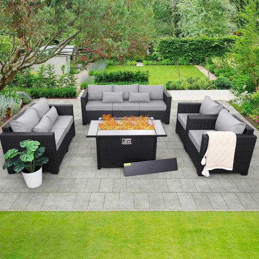 5 Pcs Outdoor Furniture Sets Patio Furniture Set with 45" Fire Pit Patio Couch Outdoor Chairs 60000 BTU Steel Propane Fire Pit Table No-Slip Cushions and Waterproof Covers, Light Grey - Loft&Timber