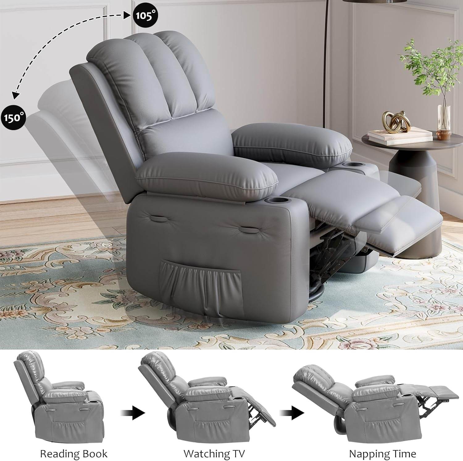 Leather Recliner Chair, Manual Recliner W/Comfortable Arms and Cup Holders for Living Room CF8011 - Gray, Medium - Loft&Timber