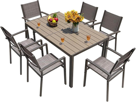 Patio Dining Set 7 Pieces Outdoor Furniture Table and 6 Textilene Chairs, Light Grey - Loft&Timber