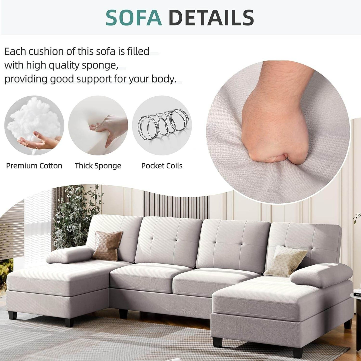 Sectional Sofa Couches for Living Room, U Shaped Sofa Living Room Furniture Sets, 4 Seat U Shaped Sofa Sectional Couch with Chaise, Beige - Loft&Timber