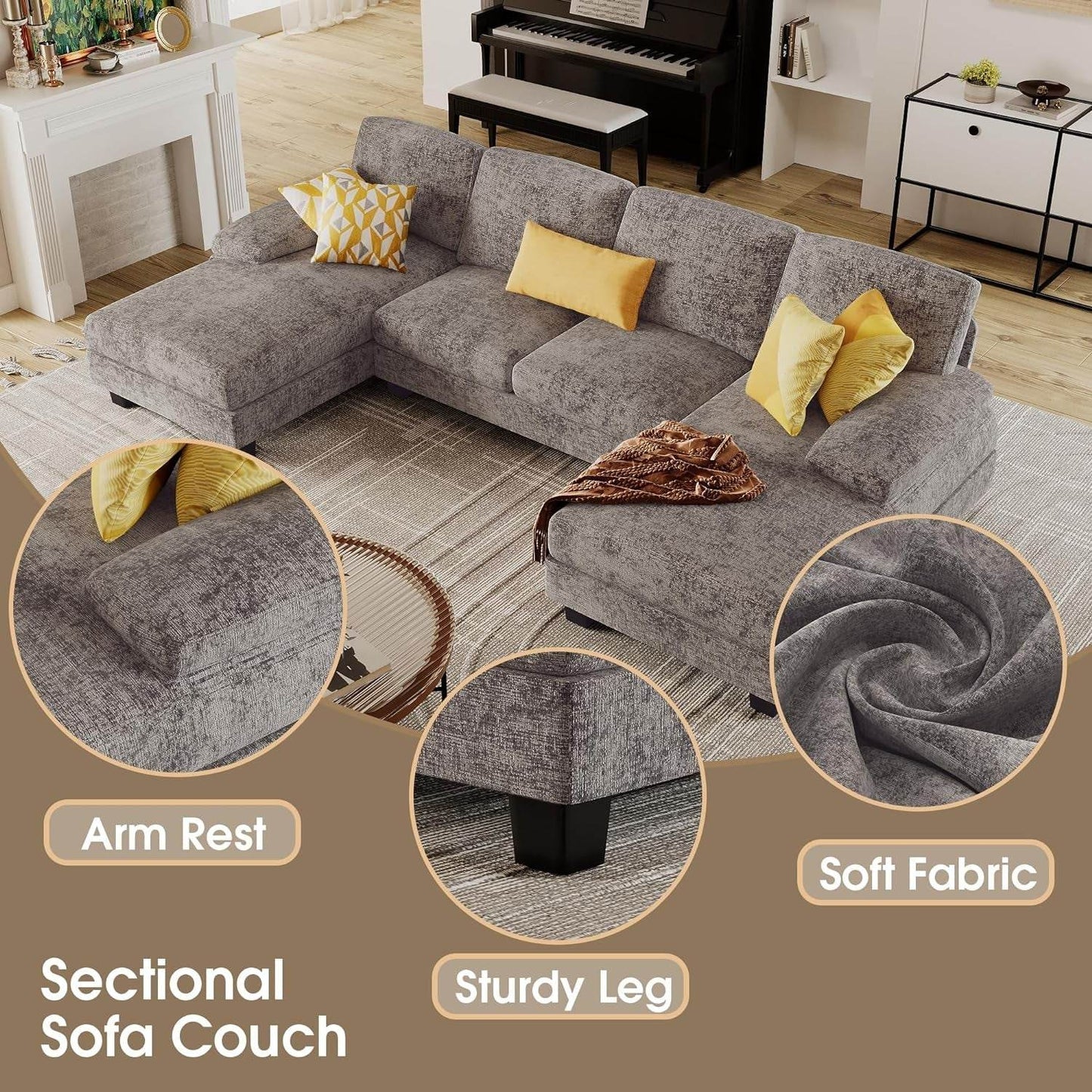 Sectional Couches for Living Room, U-Shaped Sofa Couch with Linen Fabric, 4 Seat Sofa Set with Double Chaise for Apartment (Fabric, Grey) - Loft&Timber