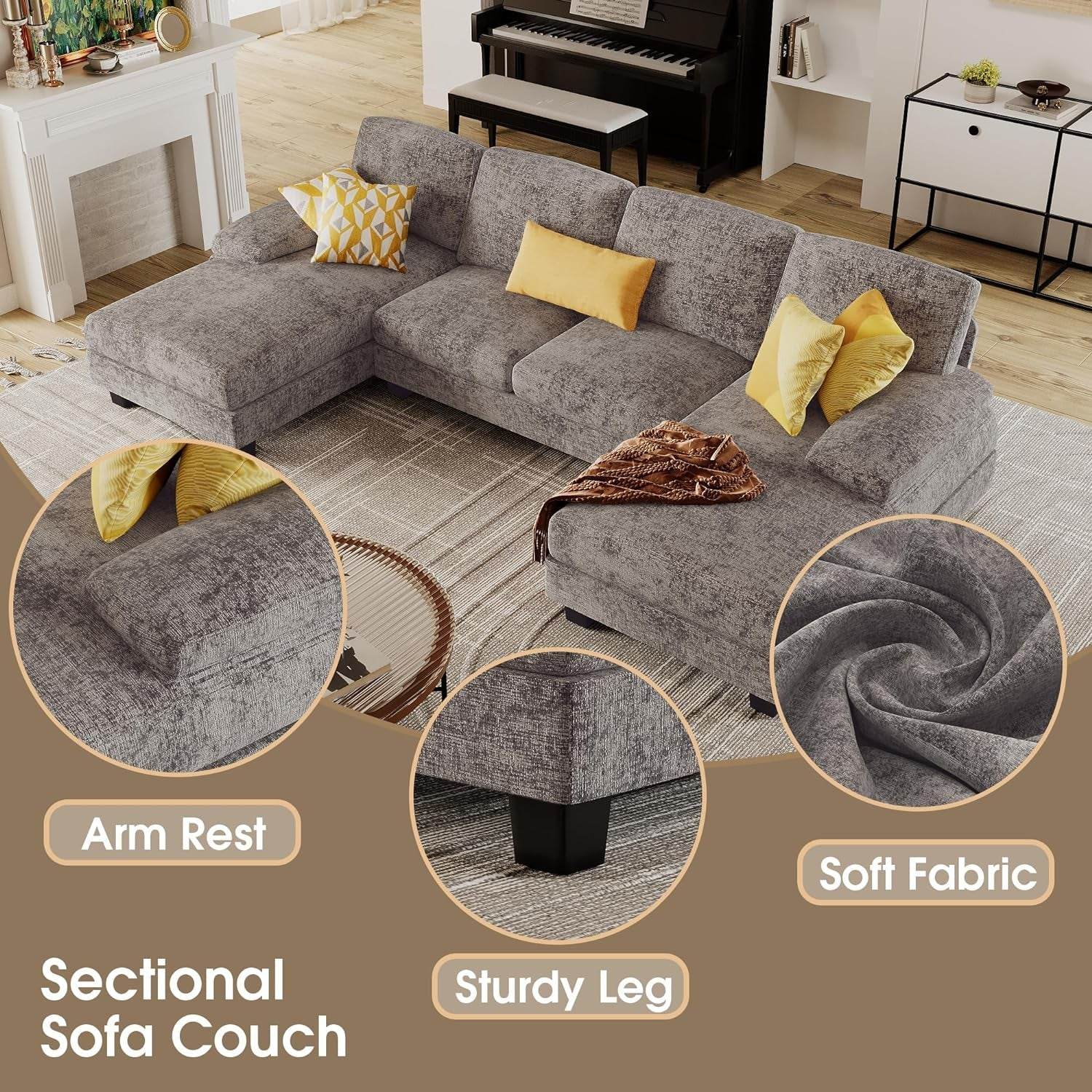 Sectional Couches for Living Room, U-Shaped Sofa Couch with Linen Fabric, 4 Seat Sofa Set with Double Chaise for Apartment (Fabric, Grey) - Loft&Timber