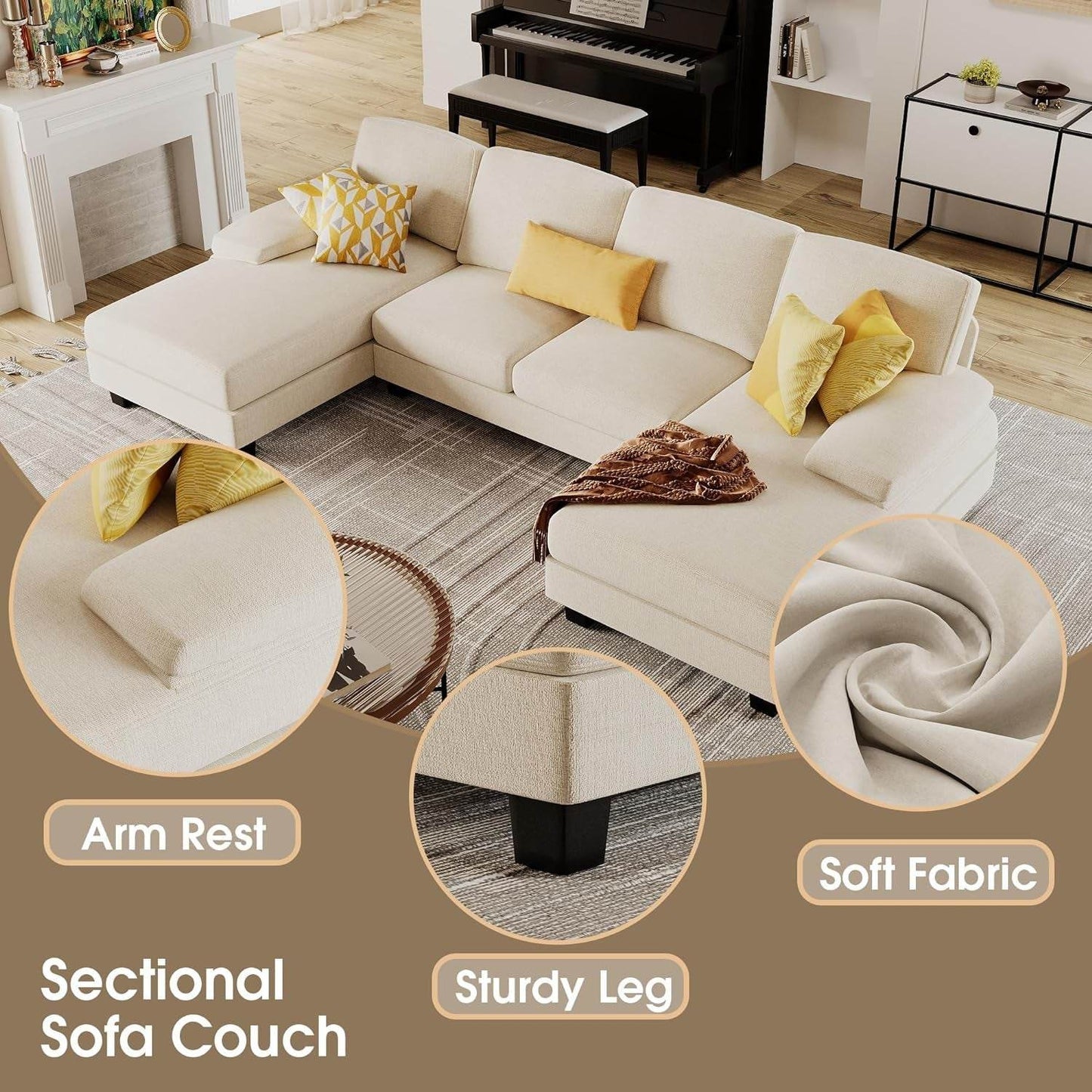Sectional Couches, 4 Seat Sofa Set with Double Chaise for Apartment (Fabric, White) - Loft&Timber