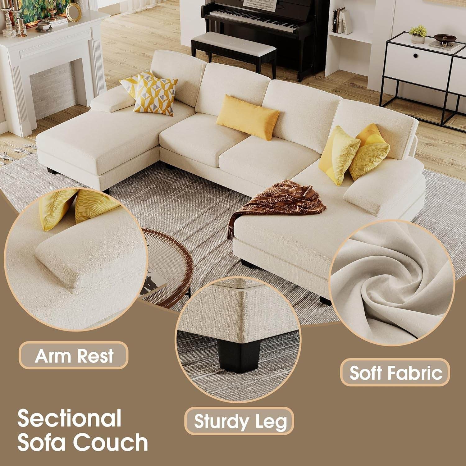 Sectional Couches, 4 Seat Sofa Set with Double Chaise for Apartment (Fabric, White) - Loft&Timber