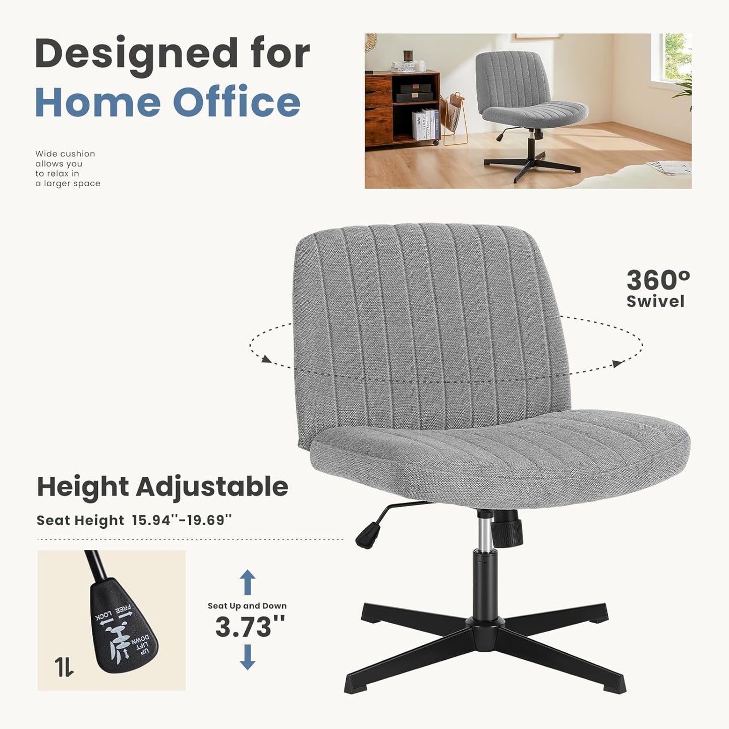 Cross Legged Office Chair, Armless Wide Desk Chair No Wheels, Modern Home Office Desk Chair Swivel Adjustable Fabric Vanity Chair-4
