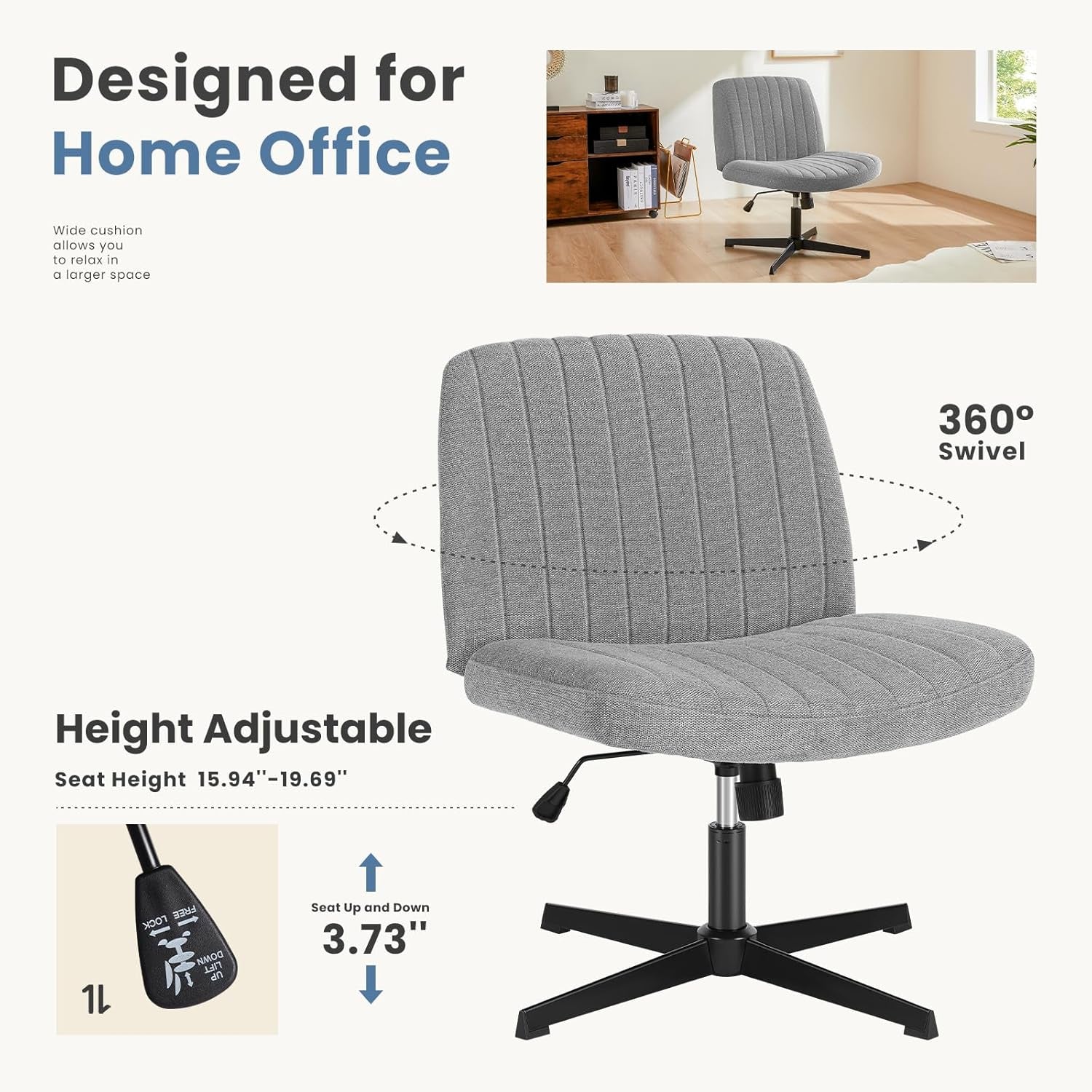Cross Legged Office Chair, Armless Wide Desk Chair No Wheels, Modern Home Office Desk Chair Swivel Adjustable Fabric Vanity Chair-4