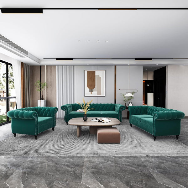 3 Pieces of Living Room Furniture Sofa Sets, Modern Velvet Chesterfield Sofa&Chesterfield Club Chair&Chesterfield Loveseat Sofas Set with Nailhead Trim Scroll Arms for Living Room(Green)-0