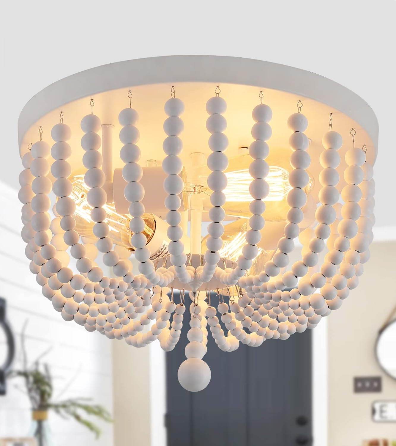 White Boho Beaded Chandeliers Flush Mount Ceiling Light,3-Lights Small Chandelier Light Fixture for Bedroom,Kitchen,Dining Room,Living Room,Stairway Gazebo - Loft&Timber
