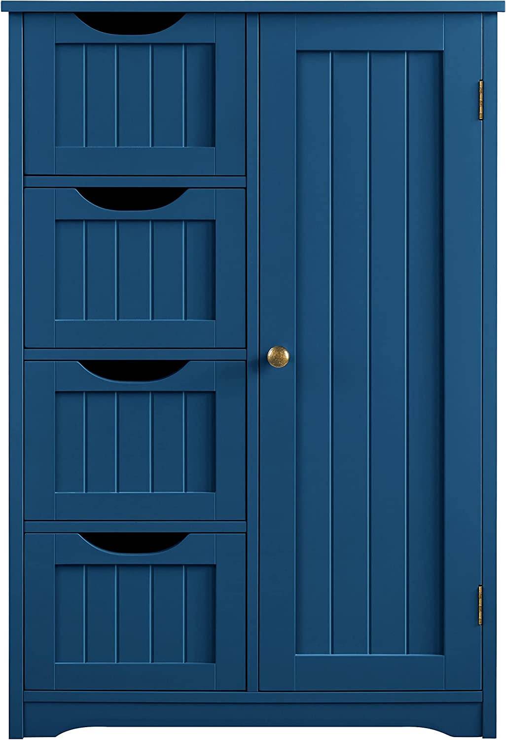 Wooden Bathroom Floor Cabinet, Side Storage Organizer Cabinet with 4 Drawers and 1 Cupboard, Freestanding Entryway Storage Unit Console Table, Bathroom Furniture Home Decor, Navy Blue - Loft&Timber