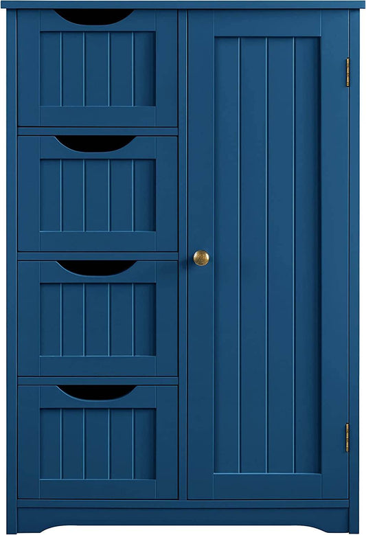 Wooden Bathroom Floor Cabinet, Side Storage Organizer with 4 Drawers and 1 Cupboard in Navy Blue - Loft&Timber