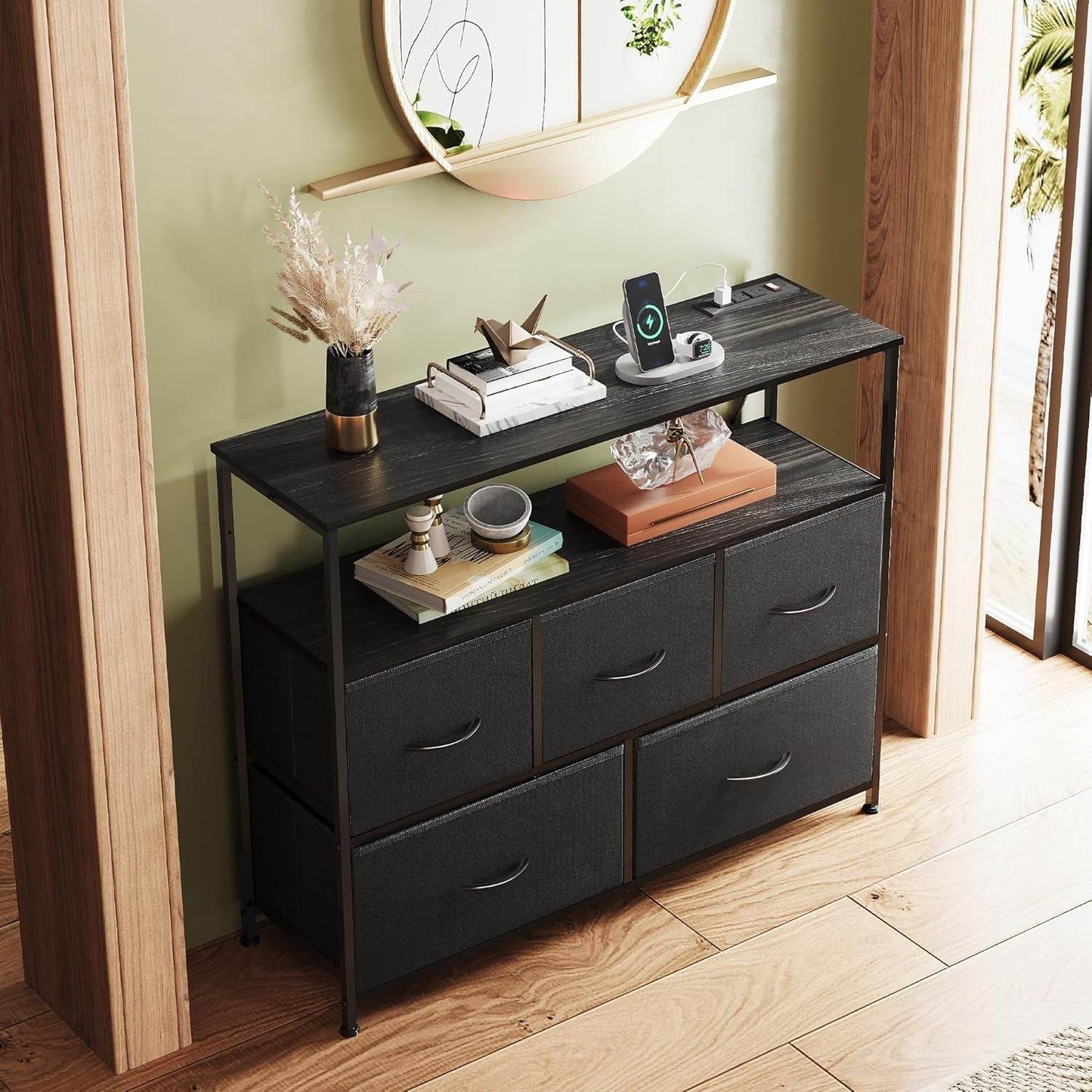 Dresser TV Stand with Open Shelf and Power Outlet, in Black with 5 Drawers - Loft&Timber