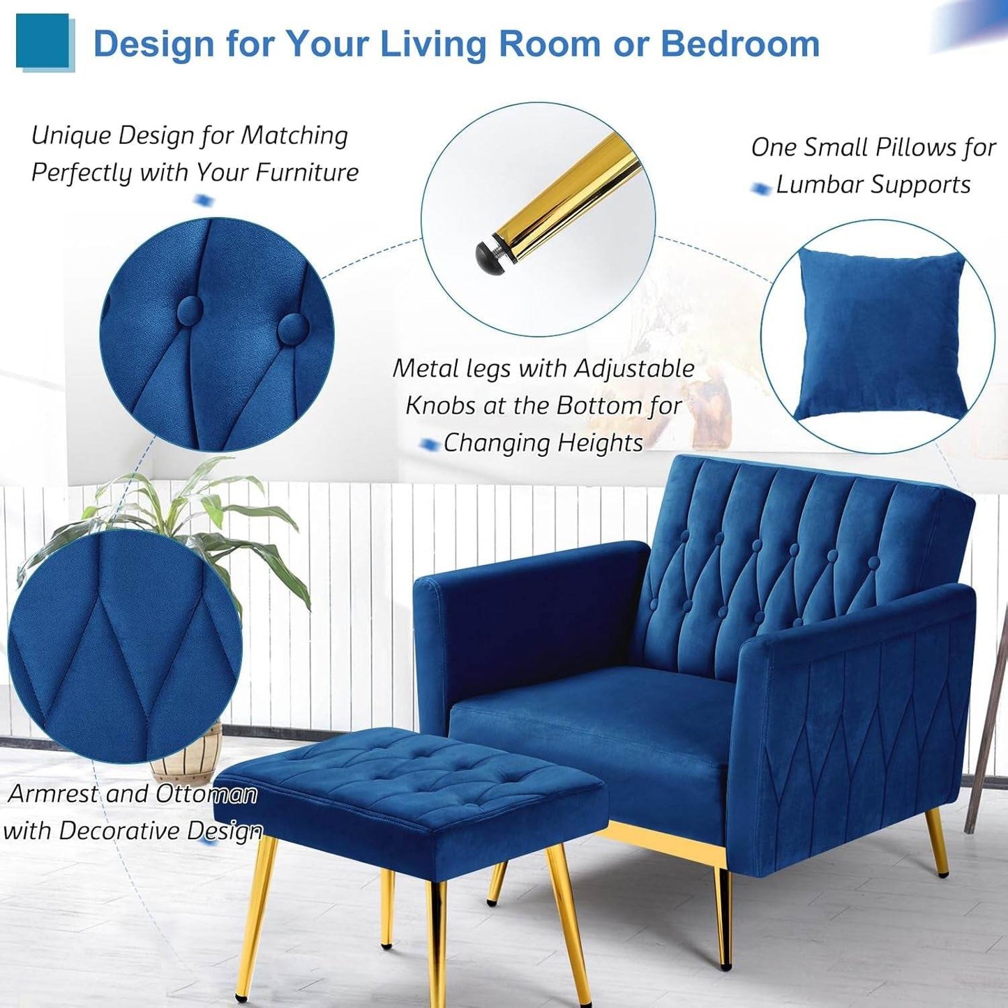 2 Pieces Velvet Futon Sofa Set with Adjustable Backrests and Armrests, 70” Convertible Sofa Bed & Tufted Accent Chair with Ottoman for Living Room, Blue - Loft&Timber