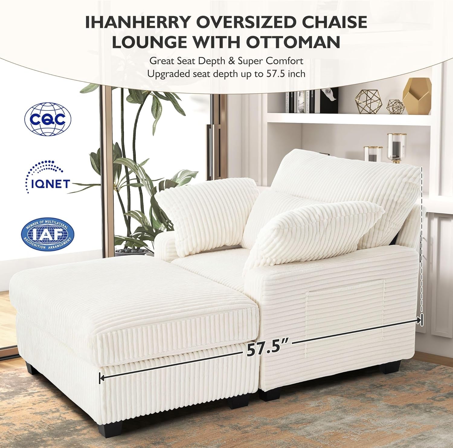 Chaise Lounge Chair Indoor with Ottoman, 57.52 "D Oversized Sleeper Chair, Corduroy Upholstered Comfy Sofa for Bedroom, Living Room, Office(Beige) - Loft&Timber