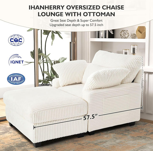 Chaise Lounge Chair Indoor with Ottoman, 57.52 "D Oversized Sleeper Chair, Corduroy Upholstered Comfy Sofa for Bedroom, Living Room, Office(Beige) - Loft&Timber
