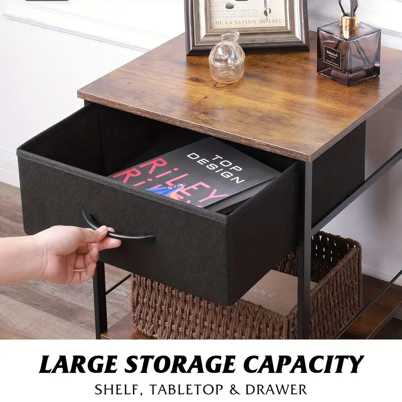 Rustic Black Metal Nightstand with Fabric Drawer-2