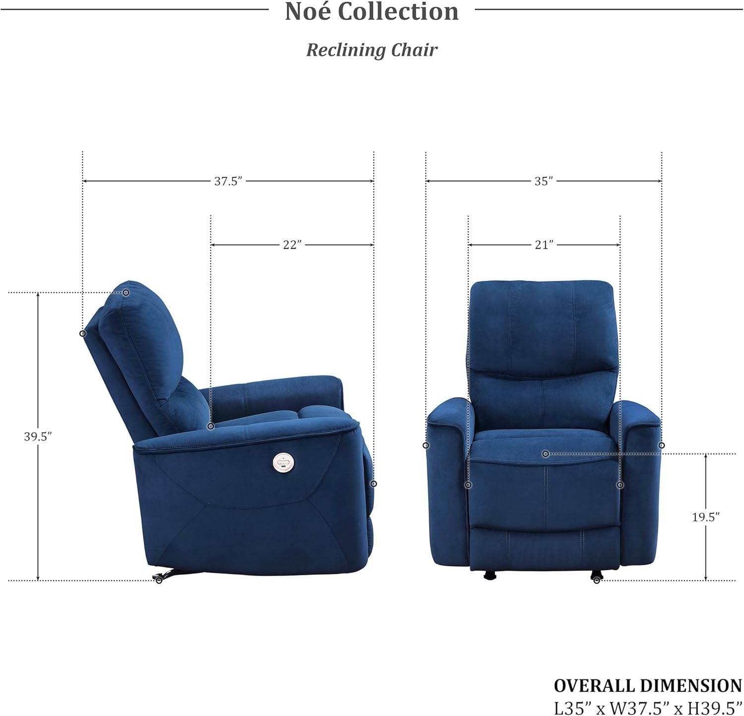 Power Recliner Chair Living Room Velvet Reclining Sofa Chair, Home Theater Seating, Power Rocker Recliner Sofa Chair for Living Room/Office/Apartment, Navy - Loft&Timber