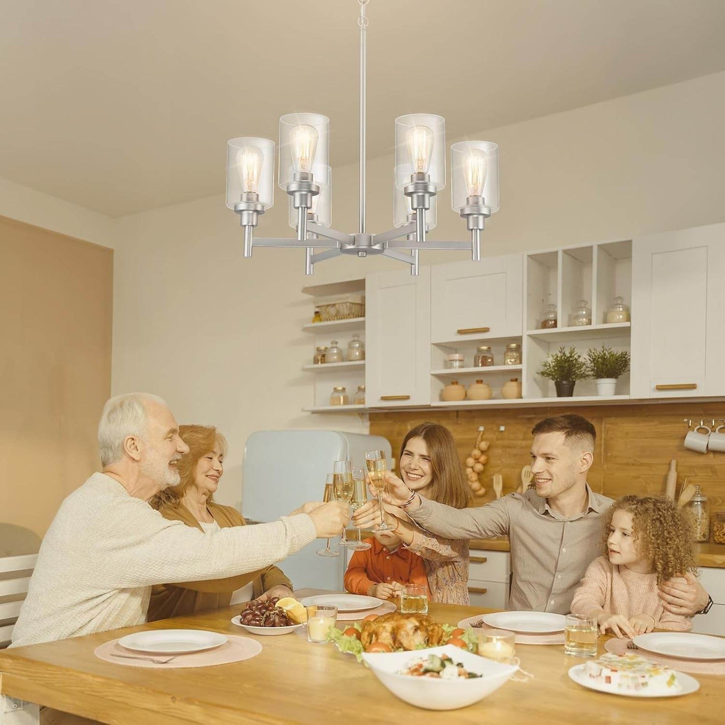 Brushed Nickel Chandeliers for Dining Room Light Fixture over Table, 6 Lights Farmhouse Chandeliers with Clear Glass Shade Chandelier for Living Room Kitchen Entryway Bedroom Bathroom - Loft&Timber