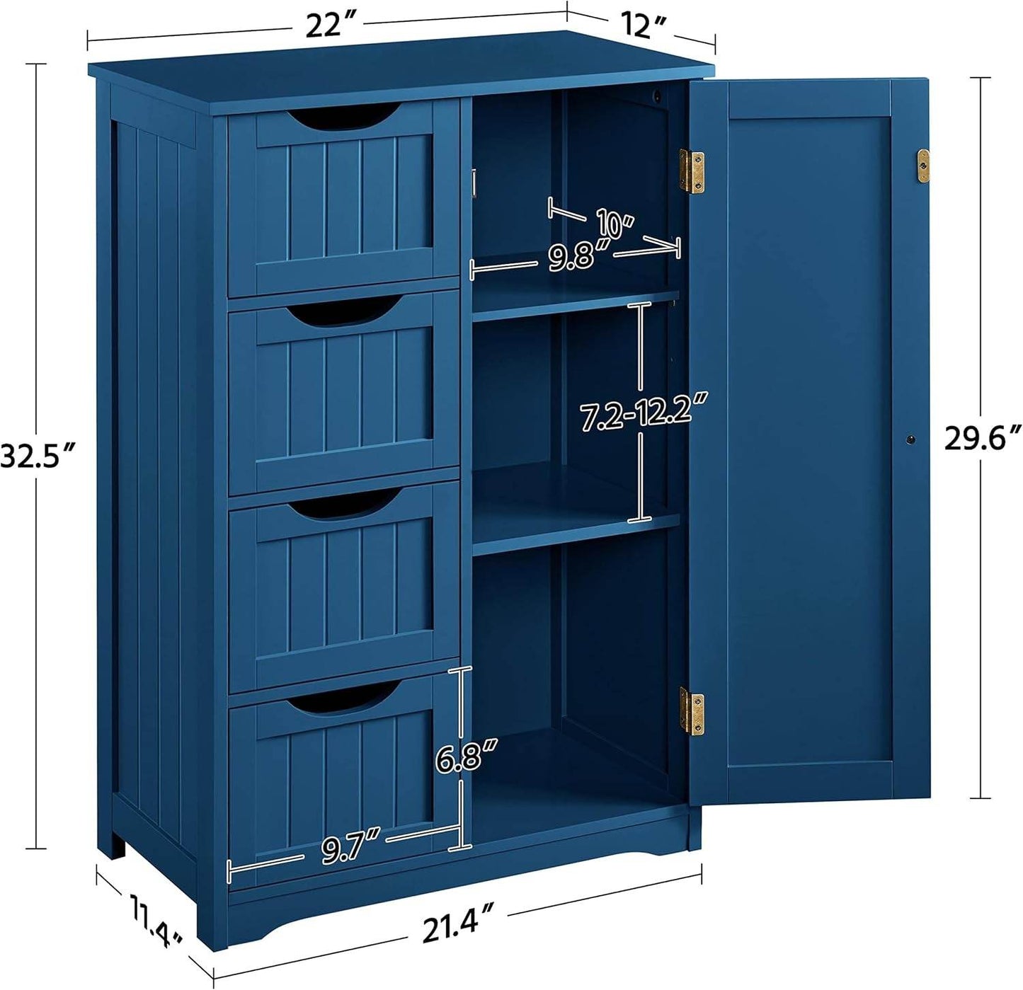 Wooden Bathroom Floor Cabinet, Side Storage Organizer Cabinet with 4 Drawers and 1 Cupboard, Freestanding Entryway Storage Unit Console Table, Bathroom Furniture Home Decor, Navy Blue - Loft&Timber