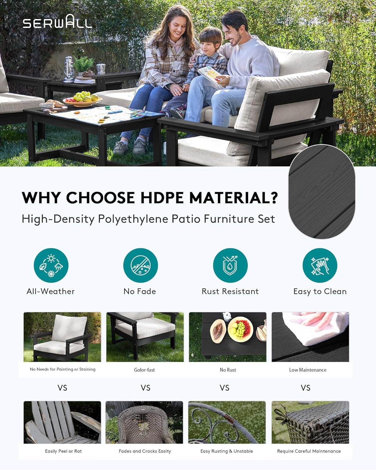 HDPE Outdoor Patio Furniture Set, 7-Piece Outdoor Sectional Patio Conversation Set, All Weather Outdoor Couch Set Patio Sofa Set for Deck, Lawn, Black Frame with Khaki Cushion - Loft&Timber