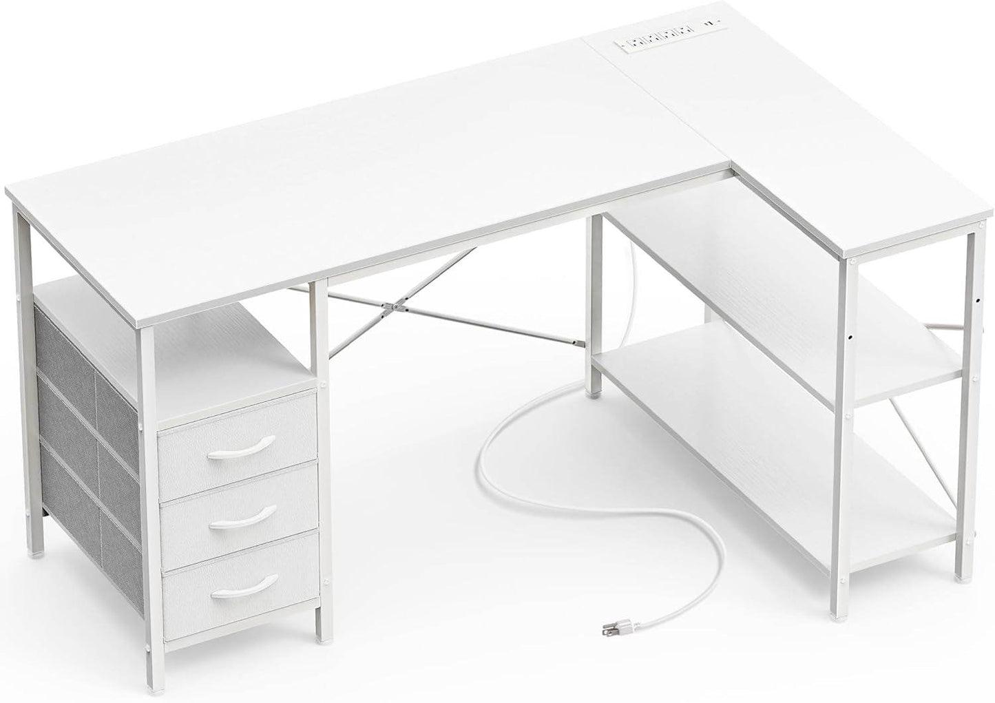 L Shaped Desk with Power Outlets in White - Loft&Timber