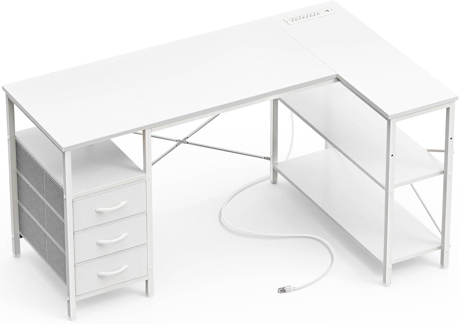 L Shaped Desk with Power Outlets in White - Loft&Timber