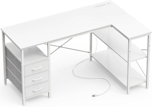 L Shaped Desk with Power Outlets in White - Loft&Timber