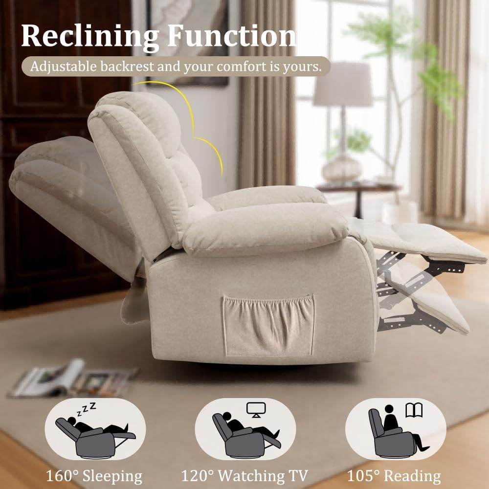 Recliner Chair, Wide Rocker Chair, Rocking Chair with Massage and Heat,360°Swivel Nursery Rocking Chairs, Oversized Recliner for Adults, Cashmere Reclining Sofa for Living Room, Beige - Loft&Timber