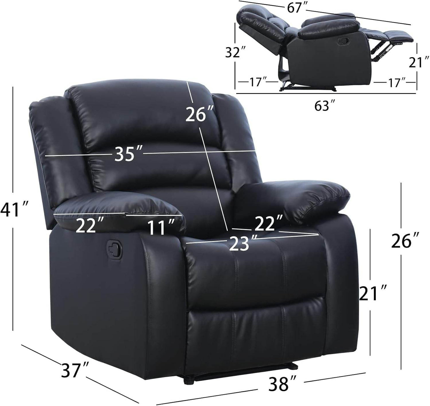 Black Recliner Chair Set of 2, with Overstuffed Arm and Back - Loft&Timber