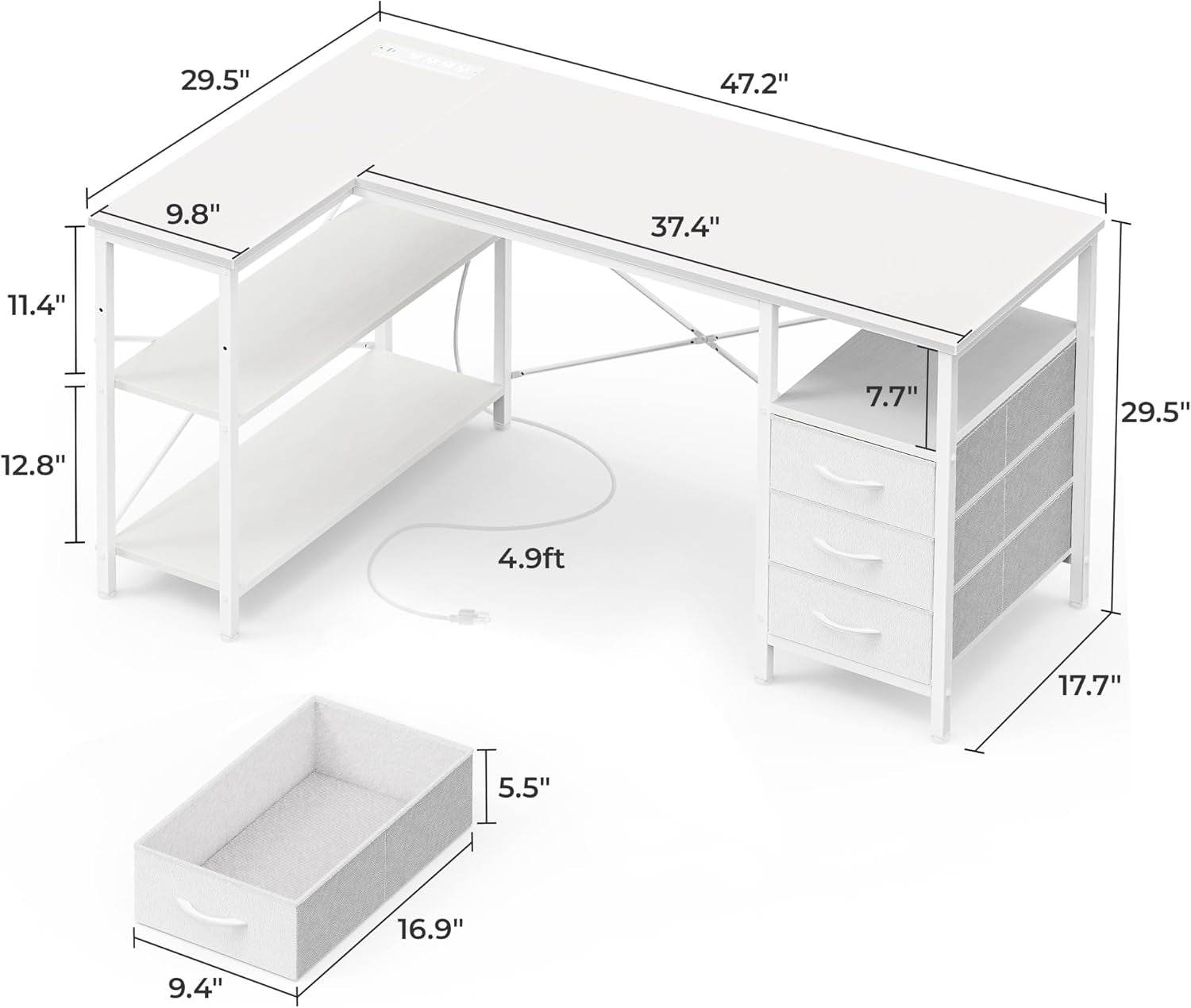 L Shaped Desk with Power Outlets in White - Loft&Timber