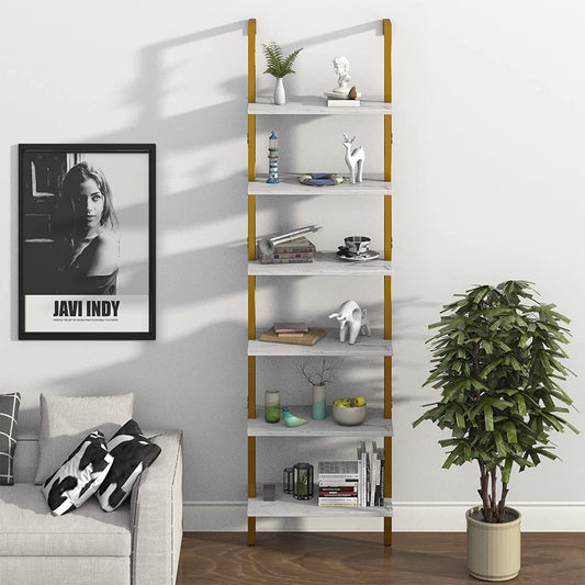 Marble White 6-Tier Ladder Shelf Bookcase-0