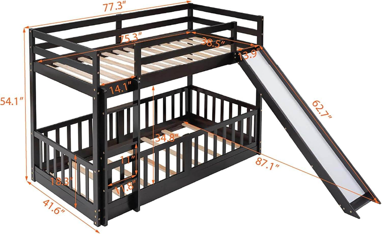 Twin over Twin Floor Bunk Bed with Slide and Ladder, Low Bunk Bed for Kids, Girls, Boys, Removable Fence, Bunk Bed with Slide, Espresso - Loft&Timber