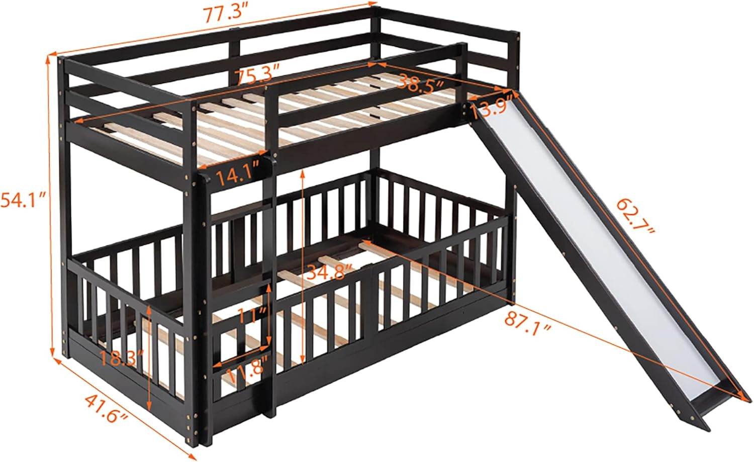 Twin over Twin Floor Bunk Bed with Slide and Ladder, Low Bunk Bed for Kids, Girls, Boys, Removable Fence, Bunk Bed with Slide, Espresso - Loft&Timber